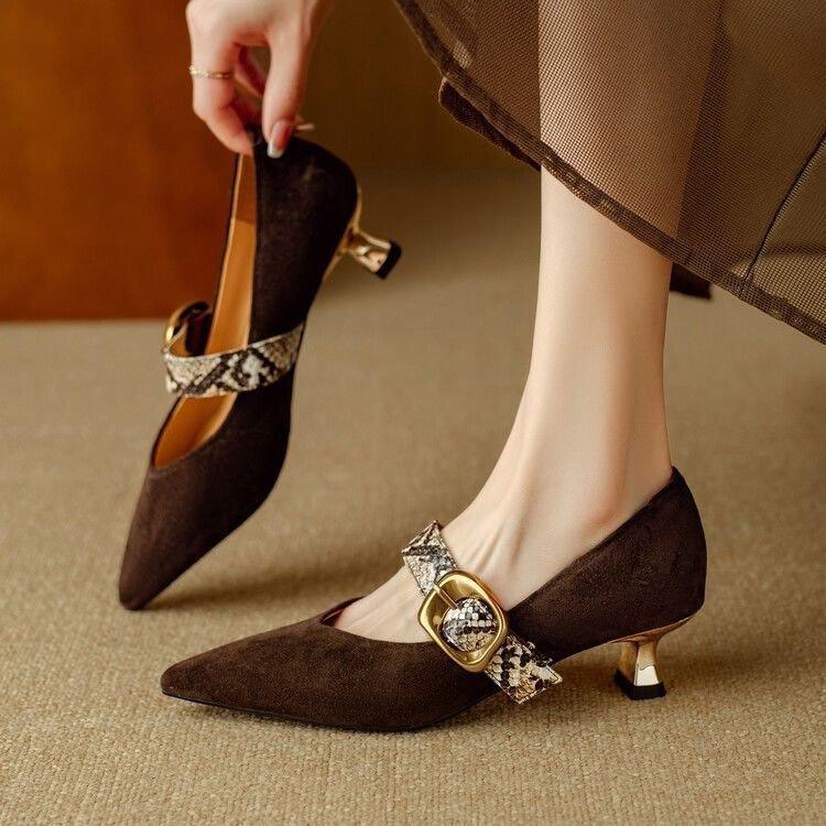 French one-word buckle strap stiletto shoes 2025 autumn pointed head shallow mouth frosted leather high heels medium heel Mary Jane shoes
