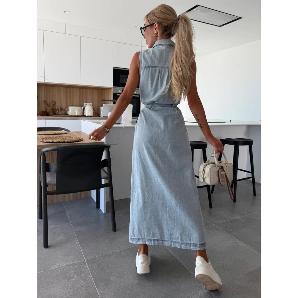 IHUASU Dlouhé džínové šaty bez rukávů s výstřihem do V, šněrováním v pase a jednořadým výstřihem