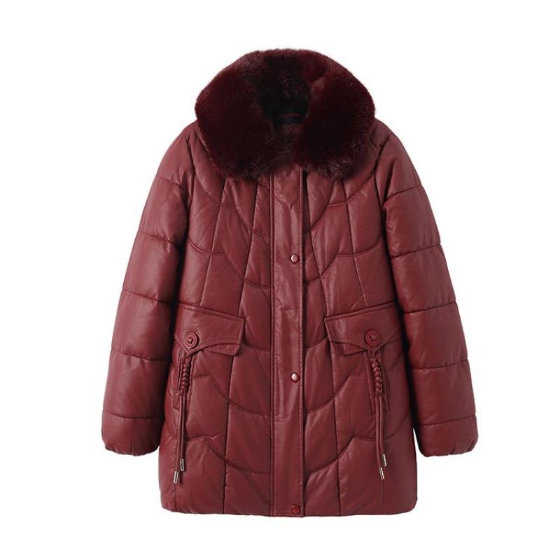 New Winter Clothing Velvet Thickened Leather Cotton-padded Jacket Medium and Long Women's Clothing Versatile Leather Cotton-padded Jacket
