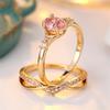 2pcs Oval Stone Elegant Pink Zircon Ring Sets For Women Vintage Gold Color Engagement Bands Wedding Jewelry Set Versatile Gifts