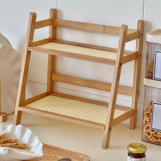 2-Tier Storage Shelf Rustic Wooden Desktop Stand Display Rack Trapezoidal Storage Organizer