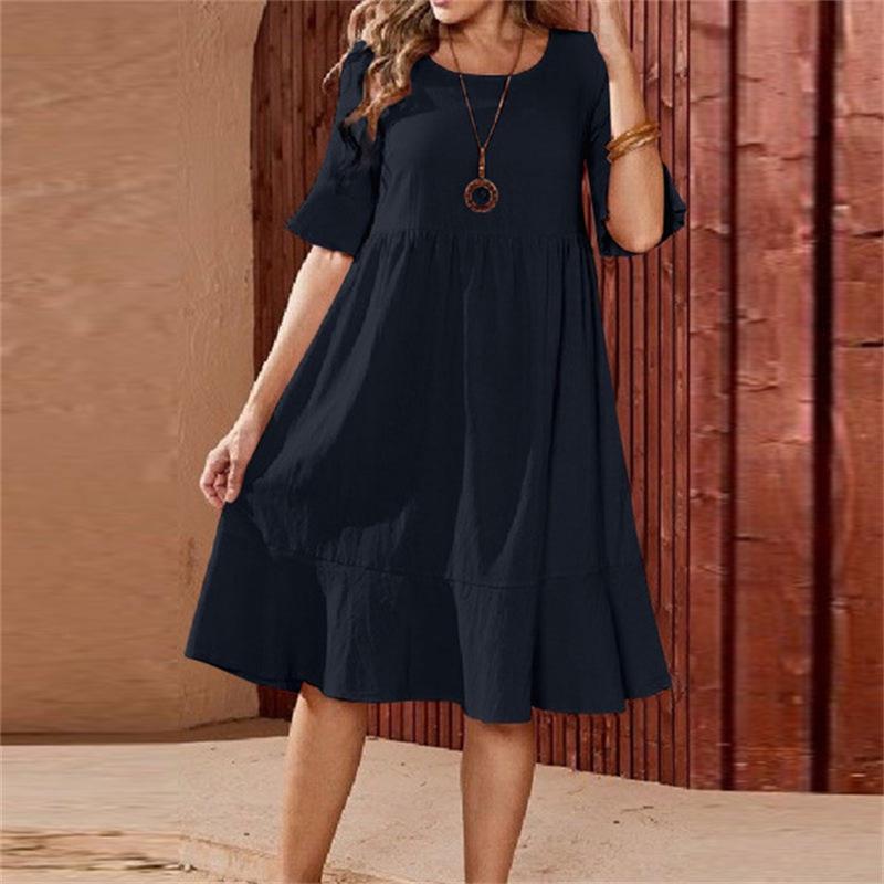 Women's Mid-Length Cotton Linen Dress - Solid Color, Loose Fit, Pleated, Round Neck, Bell Short Sleeves.