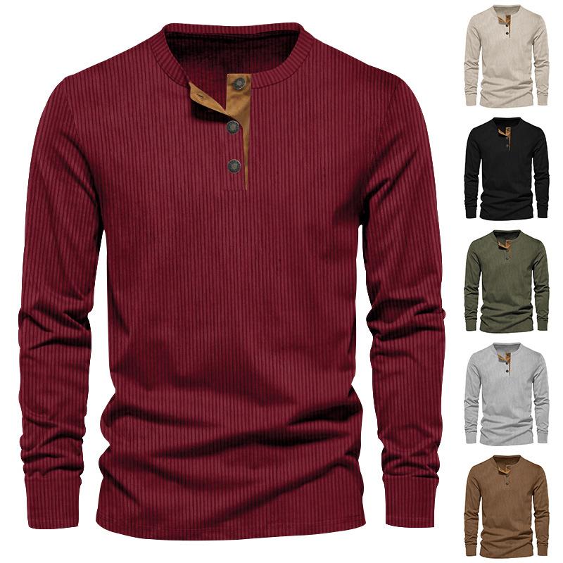 Mens Corduroy Henley Long Sleeve Slim Fit Solid Color Casual T Shirt