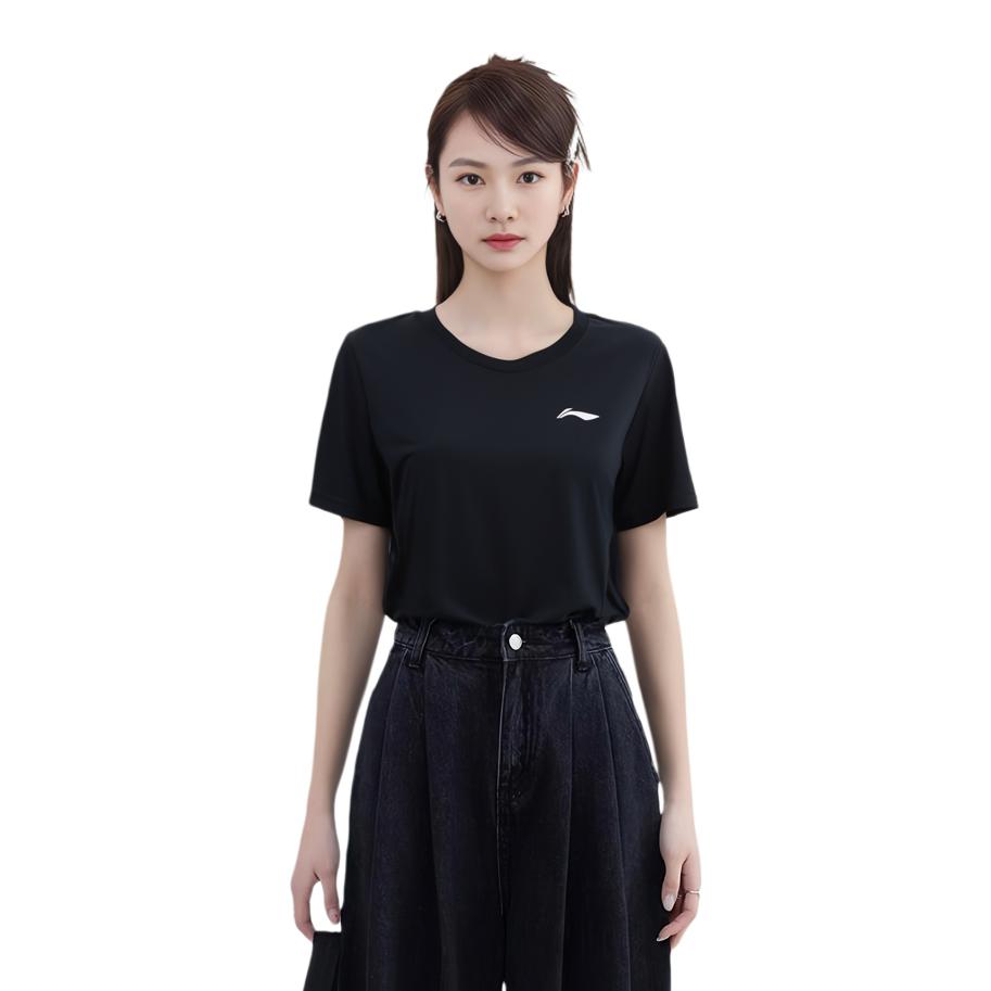 Li Ning Logo Jednokolorowy Szybkoschnący Oddychający T-shirt z Krótkim Rękawem i Okrągłym Dekoltem Unisex Top Czarny ATSS473-2