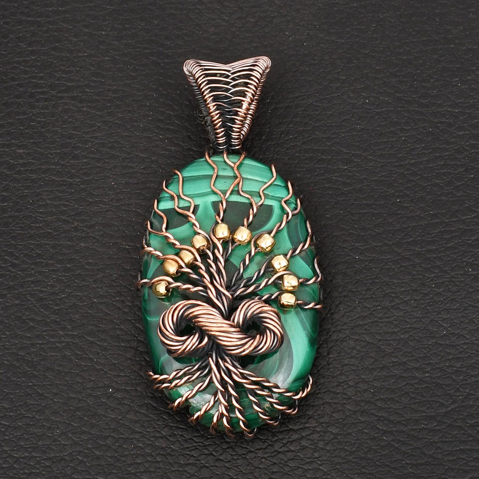 Handmade Tree of Life Malachite Pendant - Wire Wrapped Copper Jewelry for Women & Men