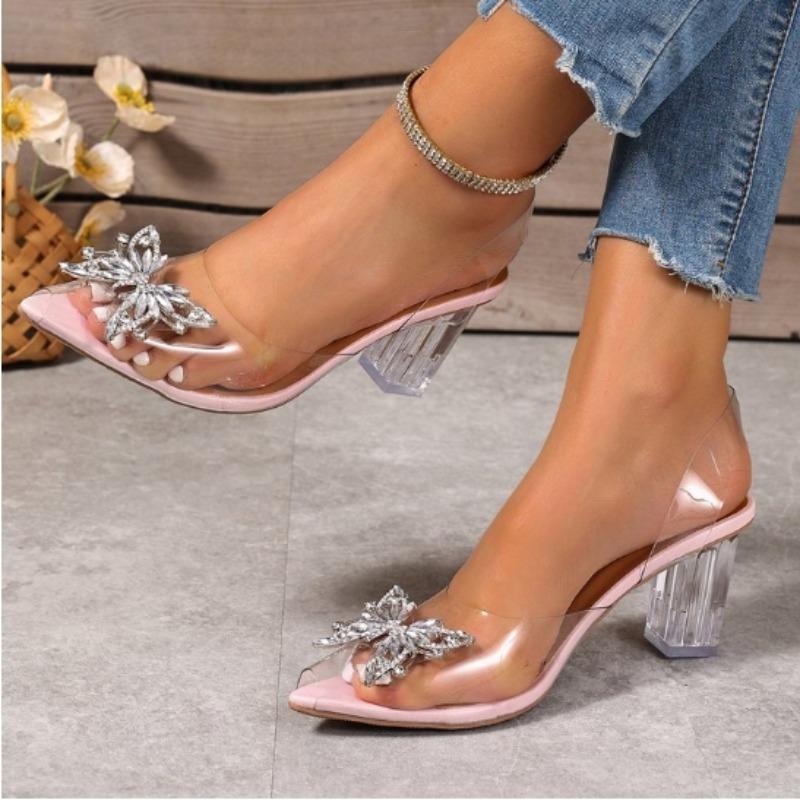New Style Diamond Butterfly Sandals Slippers Women Transparent Thick Bottom Party Dress Mules High Heels Summer Heels