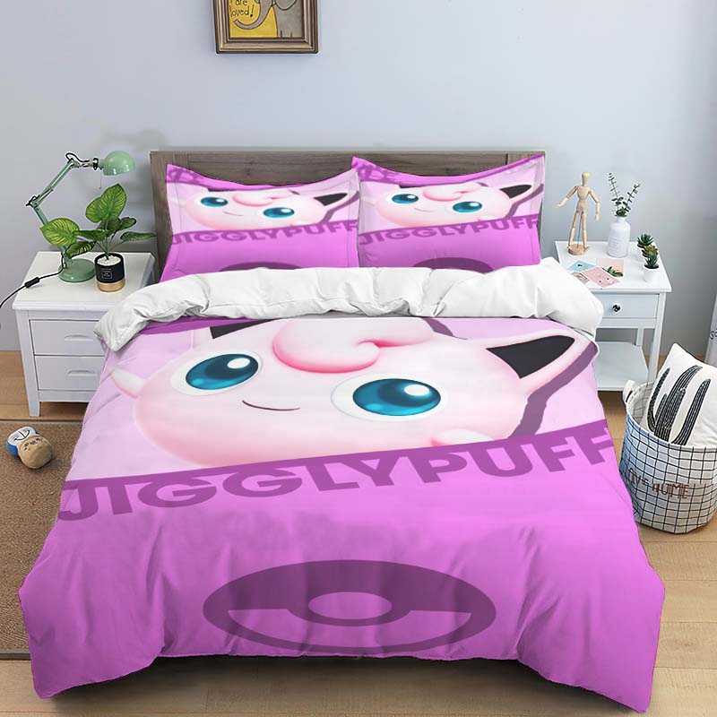 New Pokémon Jigglypuff print three-piece bedding set, including 1 duvet cover and 2 pillowcases, suitable for adults and childre