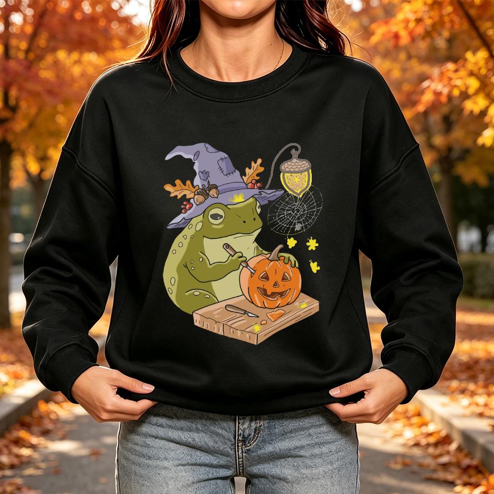 Witch Frog Carving Pumpkin Hoodie Women's Halloween Funny Cute Fall Spooky Graphic Cozy Warm Long Sleeve Pullover Sweatshirt