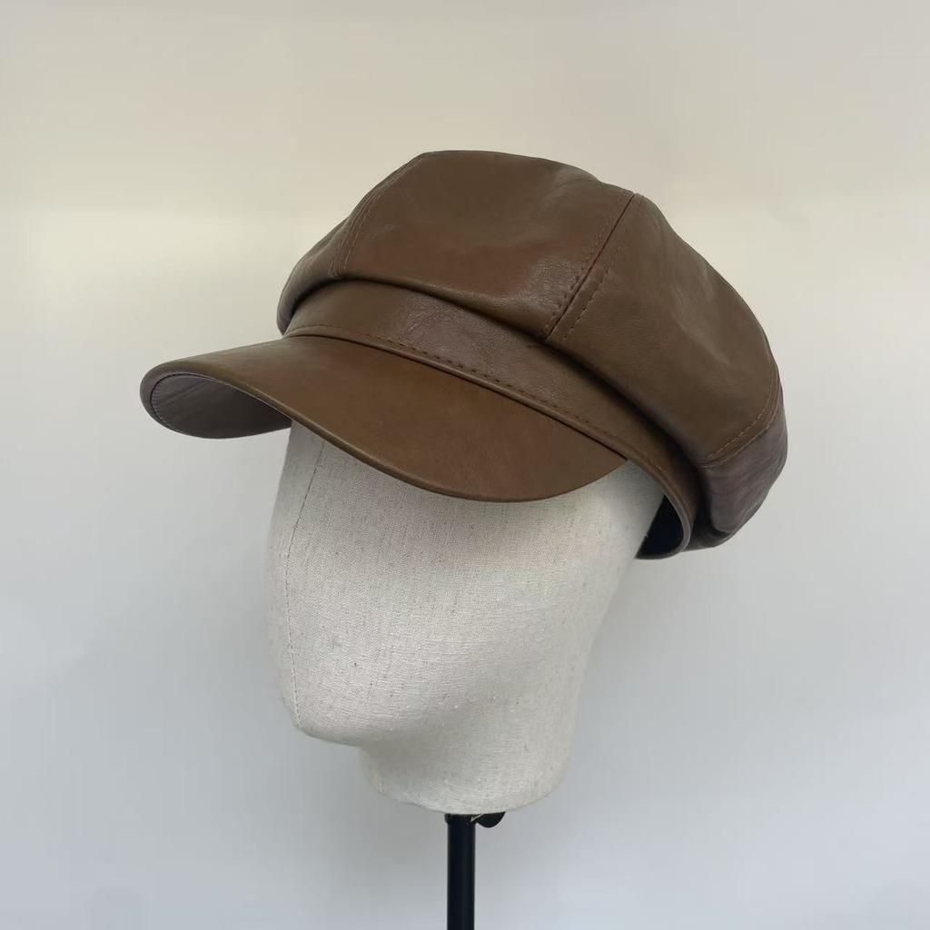 Ins Retro PU Leather Painter Hat Octagonal Hat Handsome Versatile Pumpkin Hat Solid Color Beret Hat