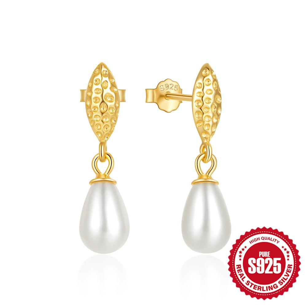 S925 Sterling Silver Style Simple Fashion Retro Horse Eye Diamond Pearl Earrings Earrings Design Sense Pearl Earrings