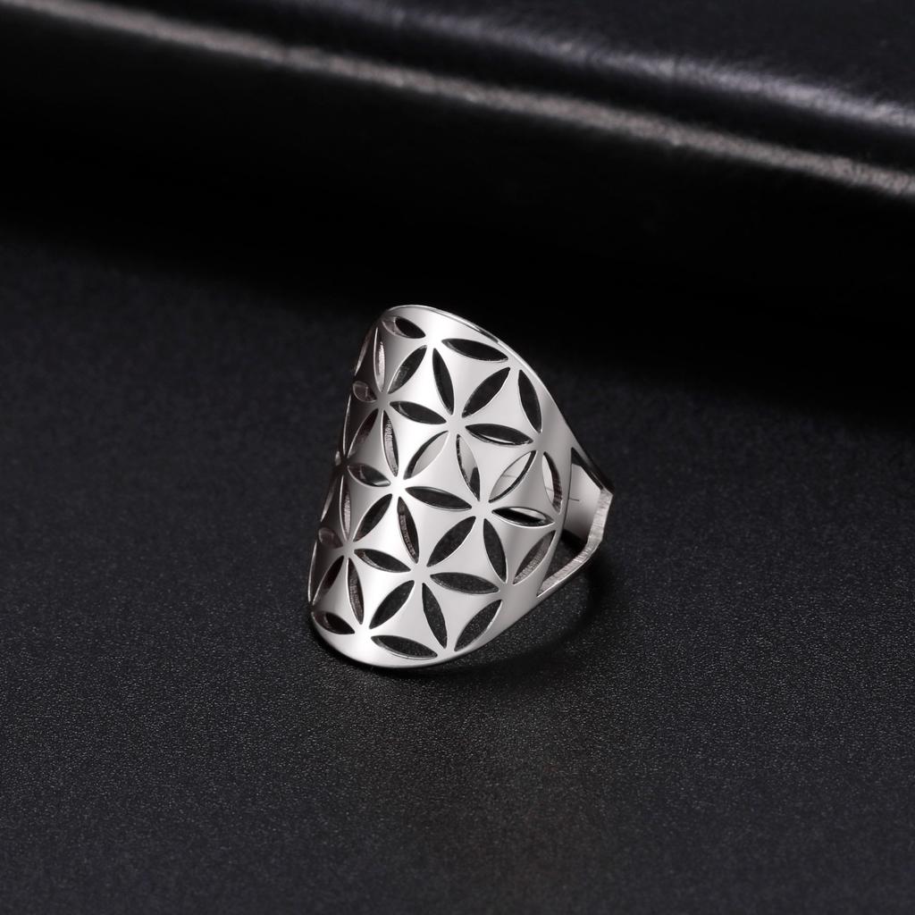 LIKGREAT Trendiger Lebensblumenring für Damen Edelstahlringe Lebenssame Verstellbarer Boho Ästhetischer Schmuck Geburtstagsgeschenk