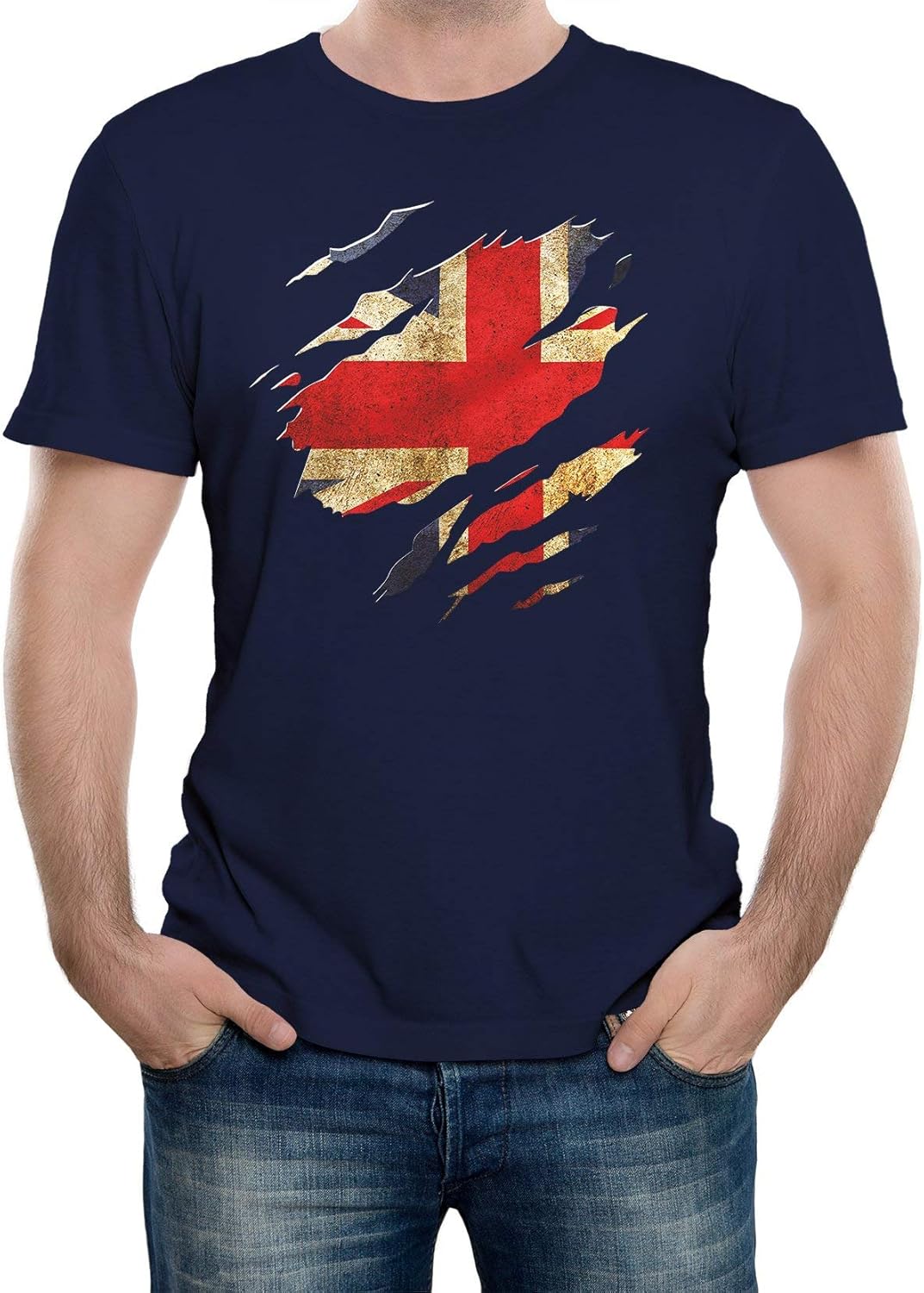 Men s Torn Union Jack Flag UK T Shirt L темно-синий