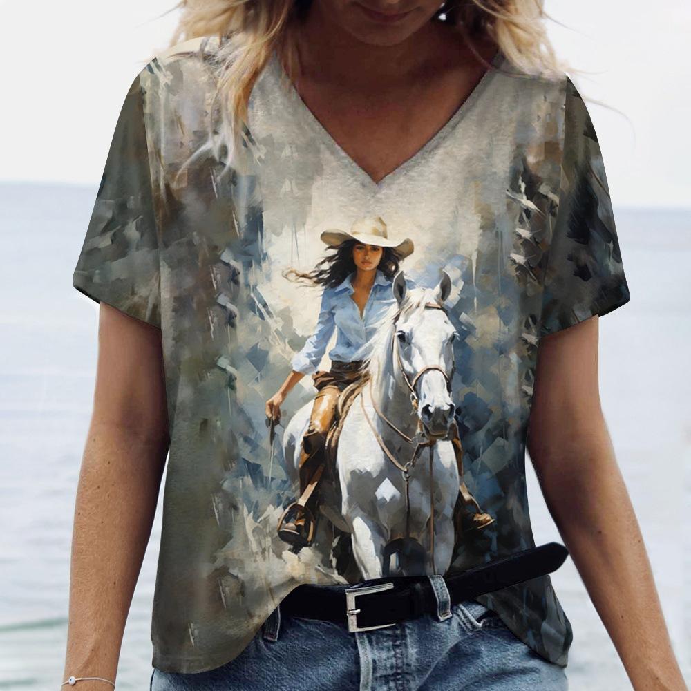 Summer Fashion Ladies Riding Horses 3D Personality Printed T-shirt Women's Loose Comfortable Soft Breathable V-neck Short Sleeved T-shirt