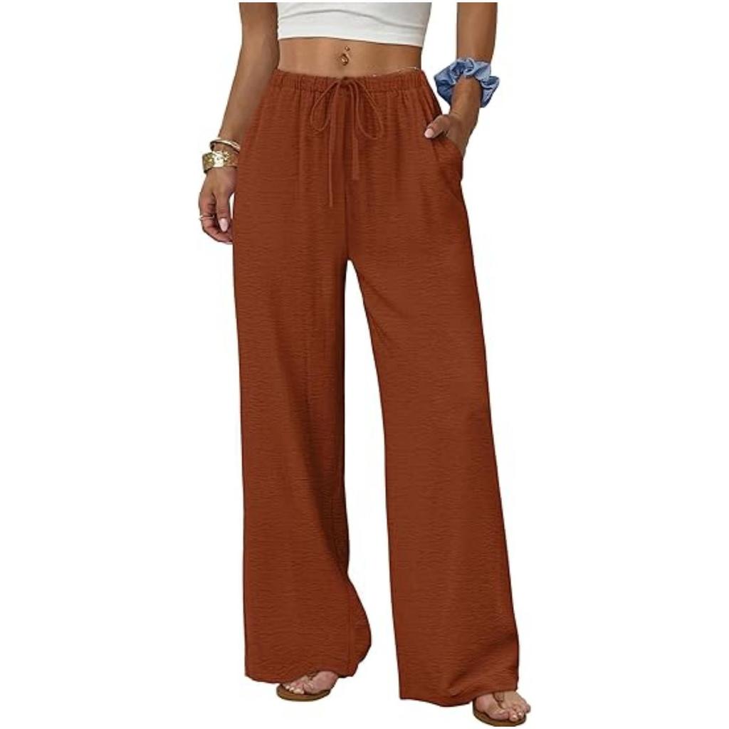 European & American Women's Casual Solid Wide-Leg Beach Pants with Elastic Waist & Pockets