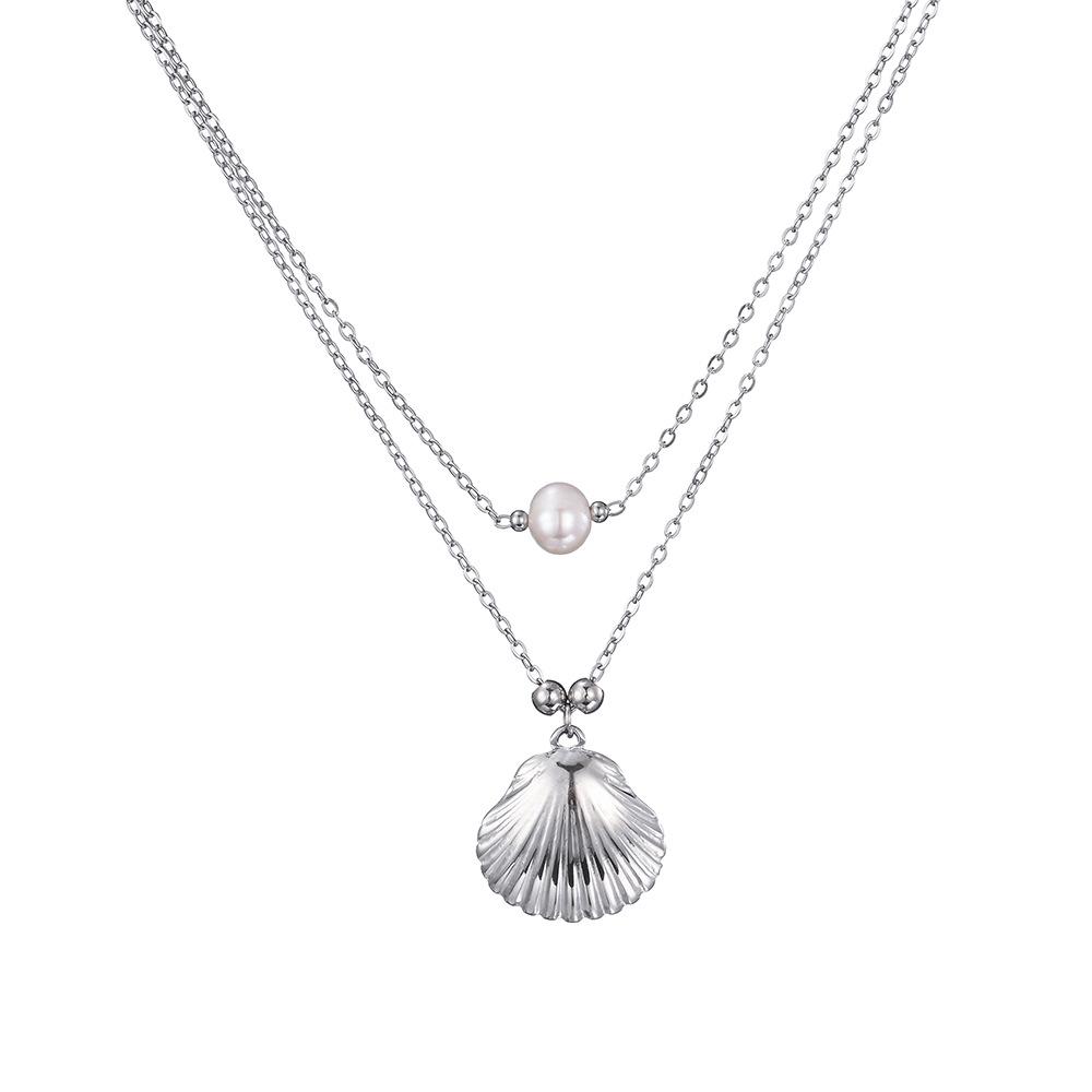 Anti-Oxidation Stainless Steel Conch Pearl Necklace, Double-Layered Design