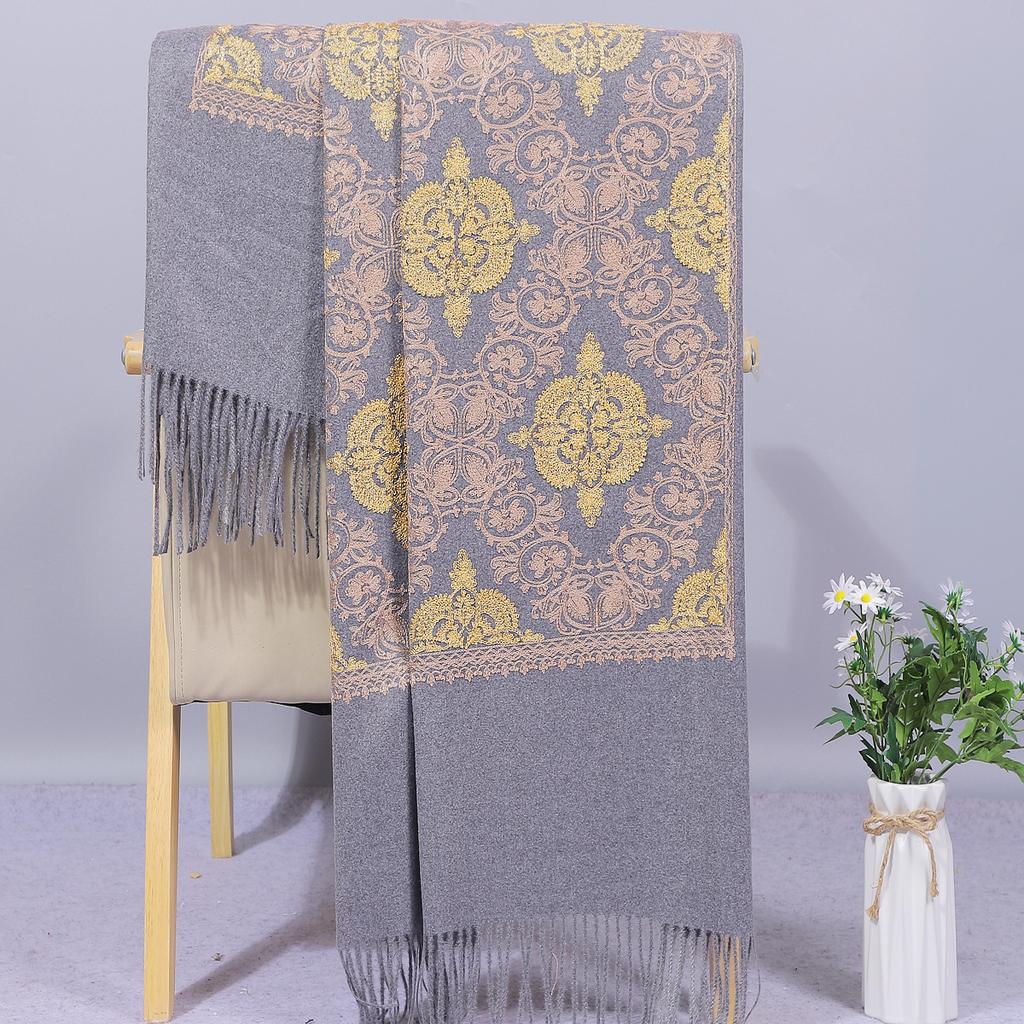 Yunnan Autumn and Winter Embroidered Imitation Cashmere Scarf for Women, Ethnic Style Embroidered Crown Thickened Warm Shawl with Tassels from Inner