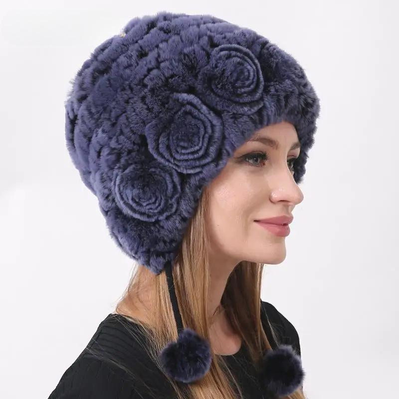 Rabbit Fur Hat Women Winter Warm Knitted Floral Split Ball Cap Lady Fashion Thick Liner Elastic Beanie Outdoor Hat
