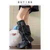 Leather big-headed pant boots stacking boots women's 2025 thick-soled heightening western boots but knee boots tall knight boots