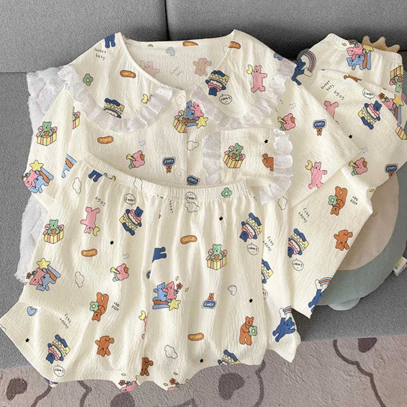 Bear Wind Cloud Cotton Doll Collar Lace High Value Pajamas Women'S Summer Short Sleeve Three-Piece Set