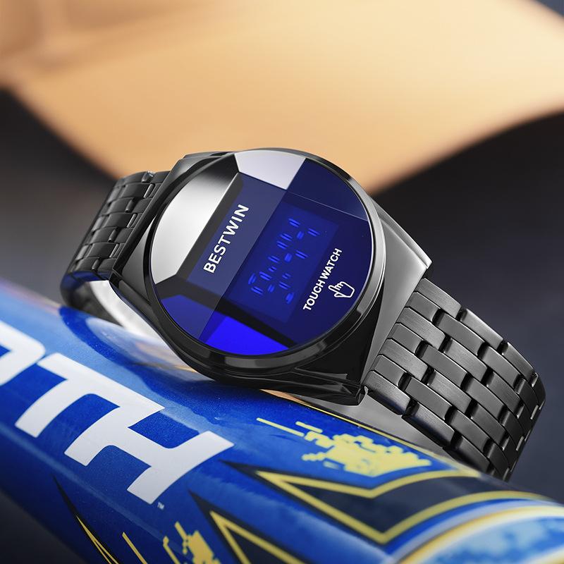 Fashion BestWin Top Brand Men's Led Touchscreen Analog Digital Hybrid Round Dial Casual Dress Full Stainless Steel Watches