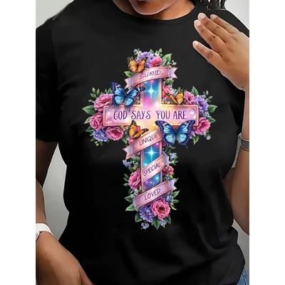 T-shirt Cristiana da Donna con Stampa Floreale Farfalla Croce Citazione Biblica Girocollo Manica Corta Traspirante Primavera Autunno Top Casual