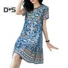 Sommer damekjole med rund hals, halve ermer retrotrykk A-linje stor hem Knelengde løs fritidsklær til hverdags ferie midikjole