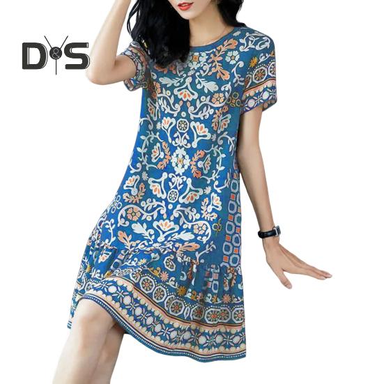 Letní dámské šaty s kulatým výstřihem Poloviční rukávy Retro potisk A-line Velký lem Délka ke kolenům Volné Běžné Denní nošení Dovolená Midi Šaty