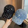 Womens Adjustable Denim Cap With Sparkling Rhinestones And Sunshade For Casual Wear