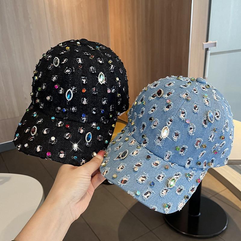 Womens Adjustable Denim Cap With Sparkling Rhinestones And Sunshade For Casual Wear