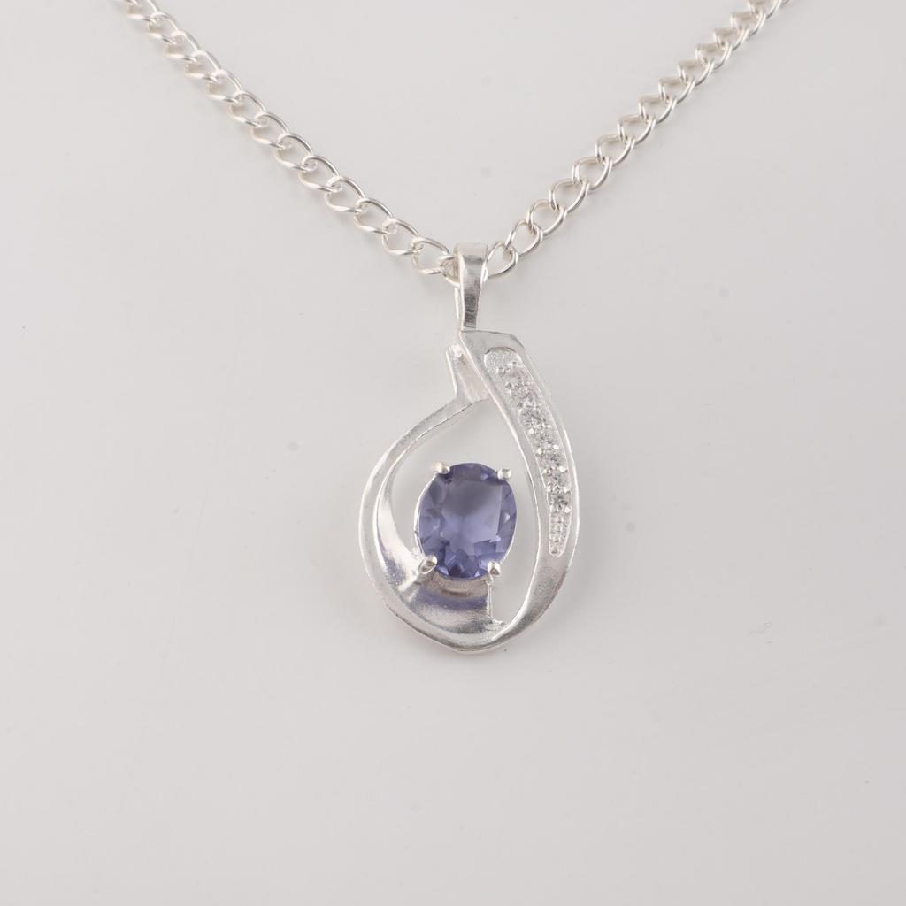 Iolite Gemstone 925 Sterling Silver Women Jewelry Partywear Necklace Pendant 1.4" Birthday Gift For Wife/Her CZP-16-14