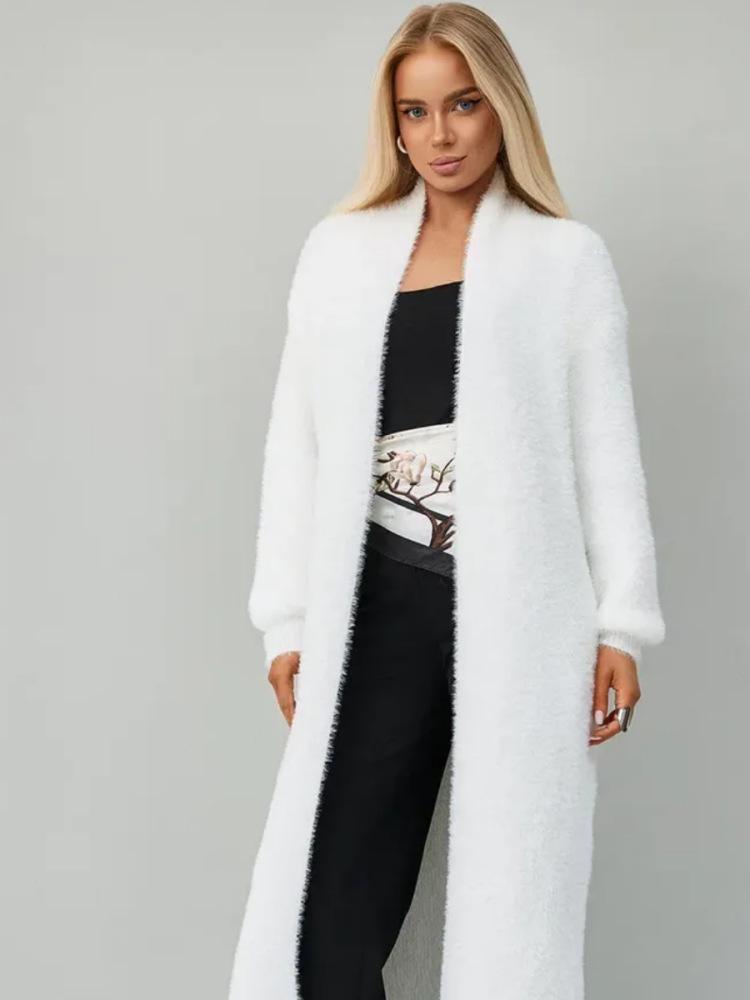 Women's White Imitation Mink Knit Cardigan Coat - Fluffy, Loose, Long, Perfect for Autumn and Winter