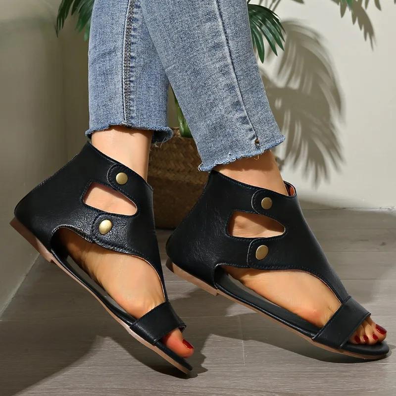 Schuhe für Damen 2025 Marke Reißverschluss hinten Damen Sandalen Mode Übergröße Nieten Casual Zehenfrei Weiche Sohle Leichte Flache Sandalen