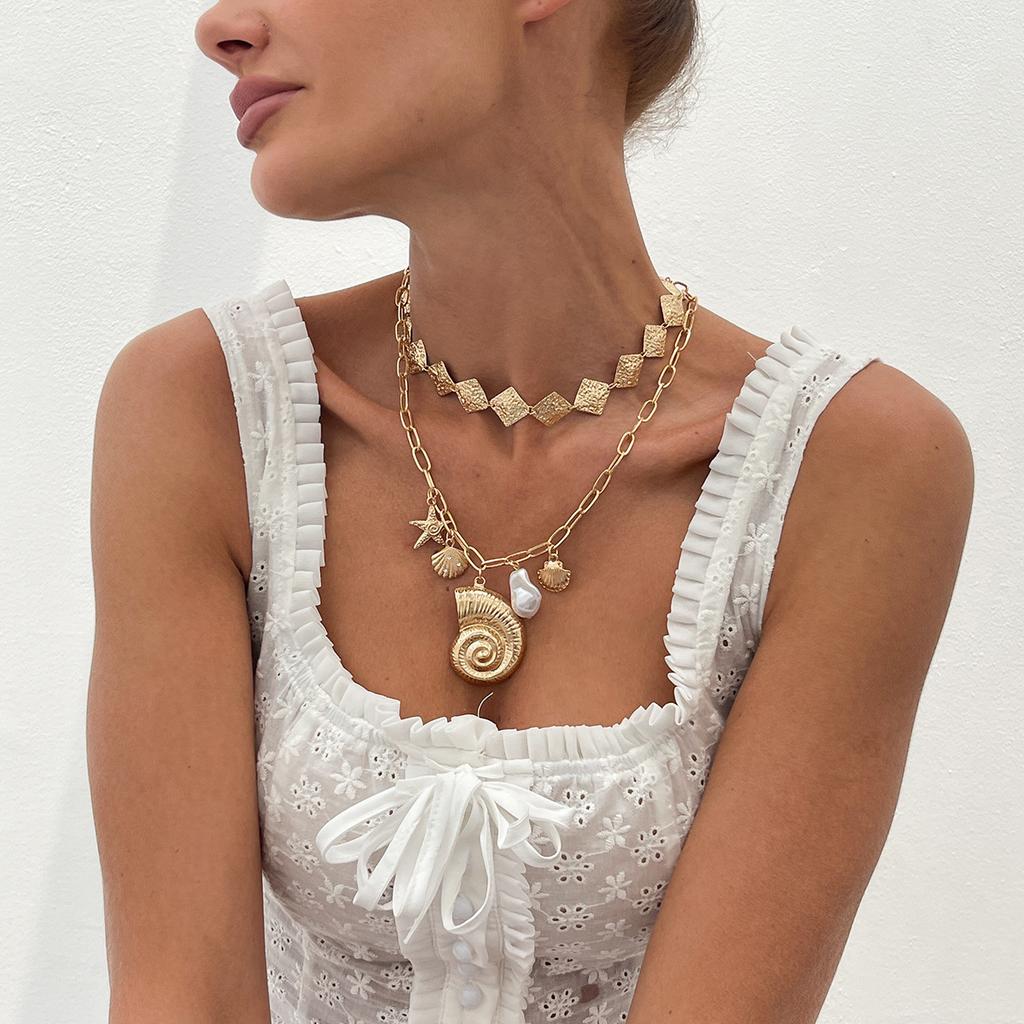 Ocean Wind Starfish Scallop Shell Large Conch Necklace, Fashionable Metal Rhombus Imitation Pearl Necklace