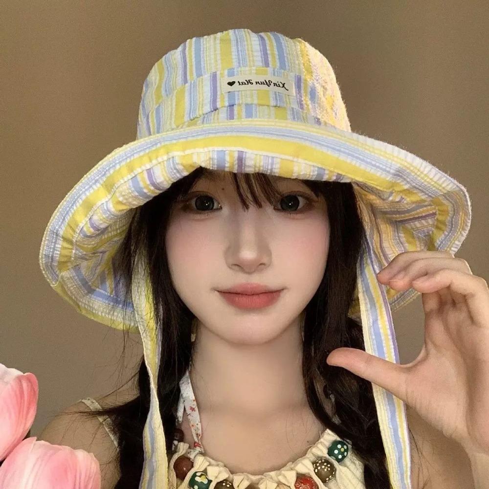 Large Brim Fisherman Hat Colorful Striped Summer Cap Korean Fashion Sun Hat  Women