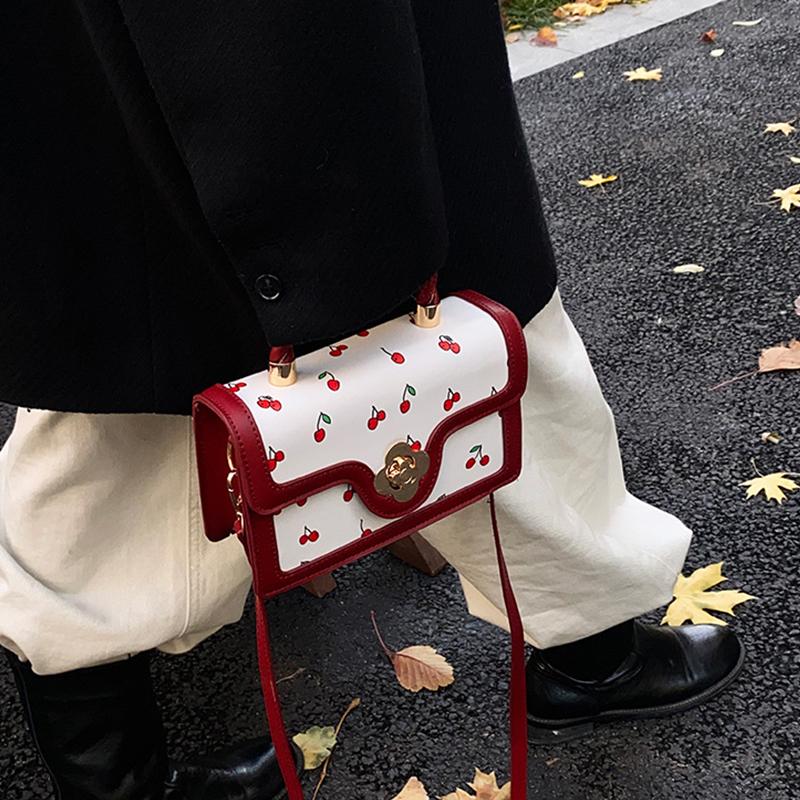 Women Cherry Square Bag PU Leather Sweet Cherry Crossbody Bag Adjustable Strap Sling Ladies Outdoor Small Handbags