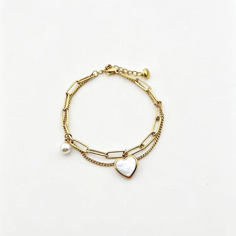 European & American Double Layer Heart Shell Pearl Titanium Bracelet - Colorfast Stainless Steel, Light Luxury Jewelry