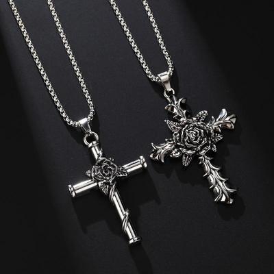 Retro Fashion Rose Cross Titanium Steel Necklace Pendant