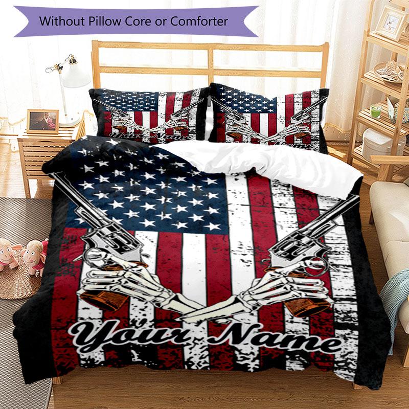 3PC Custom Name American Flag Revolver Bedding Set Duvet Cover Closure Includes 1 Duvet Cover & 2 Pillowcases for Bedroom