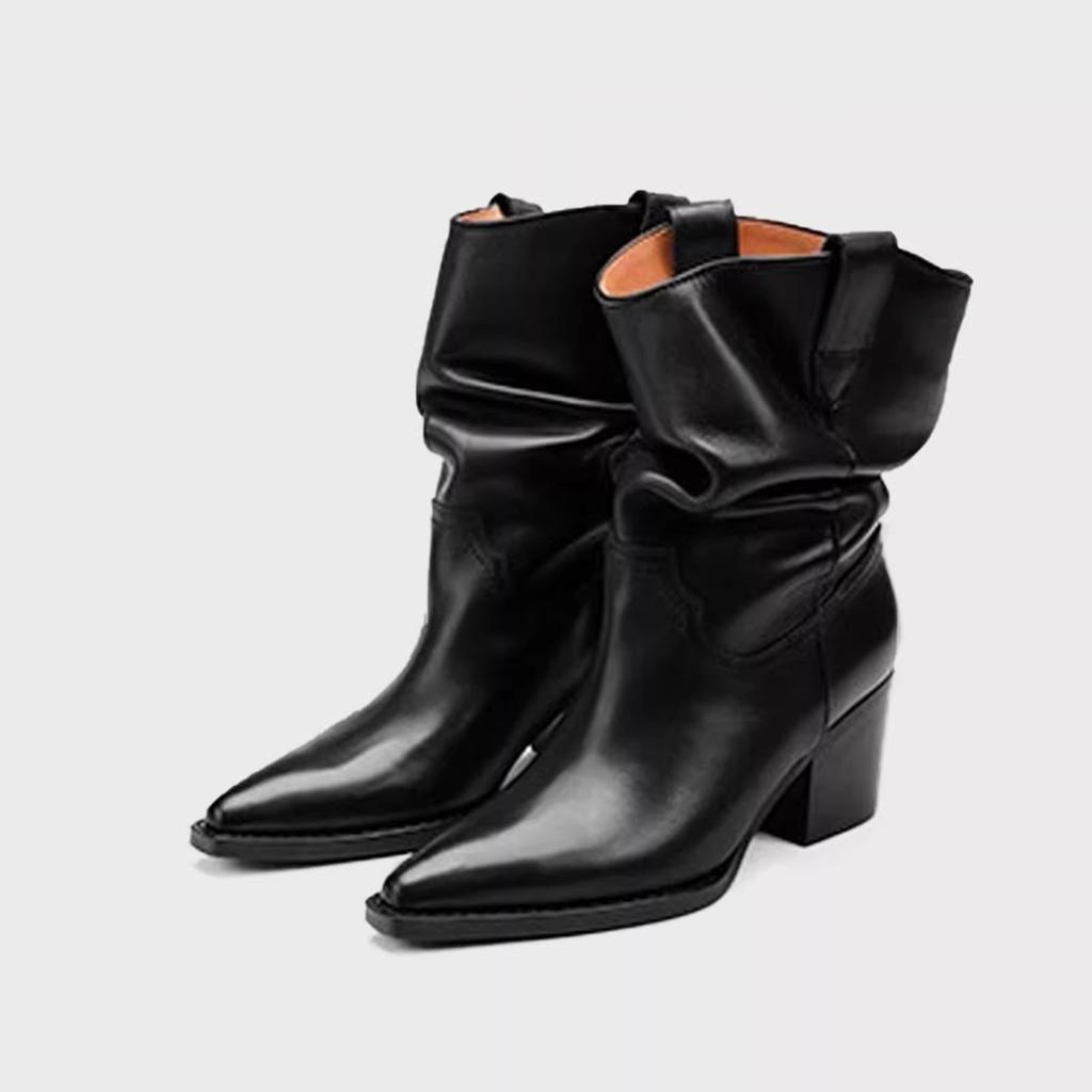 Cowhide version~ Western cowboy boots brown pointed head suede thin pleated stacking boots V-mouth thick heel medium tube short boots