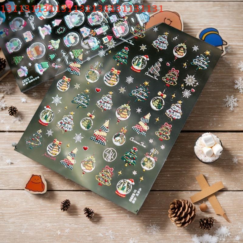 DIY Winter Nail Stickers with Metallic Christmas Tree and Cartoon Santa Claus Crystal Ball Decals
