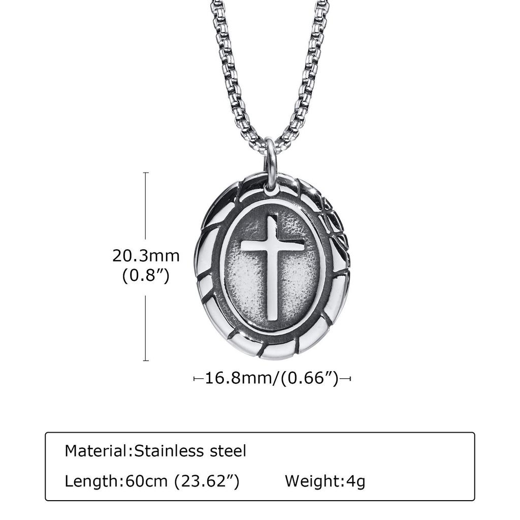 Men's Double-Sided Cross Oval Pendant Necklace In Titanium Stainless Steel, Steel Color, Quanxi Water Design (Model: PN-1808)