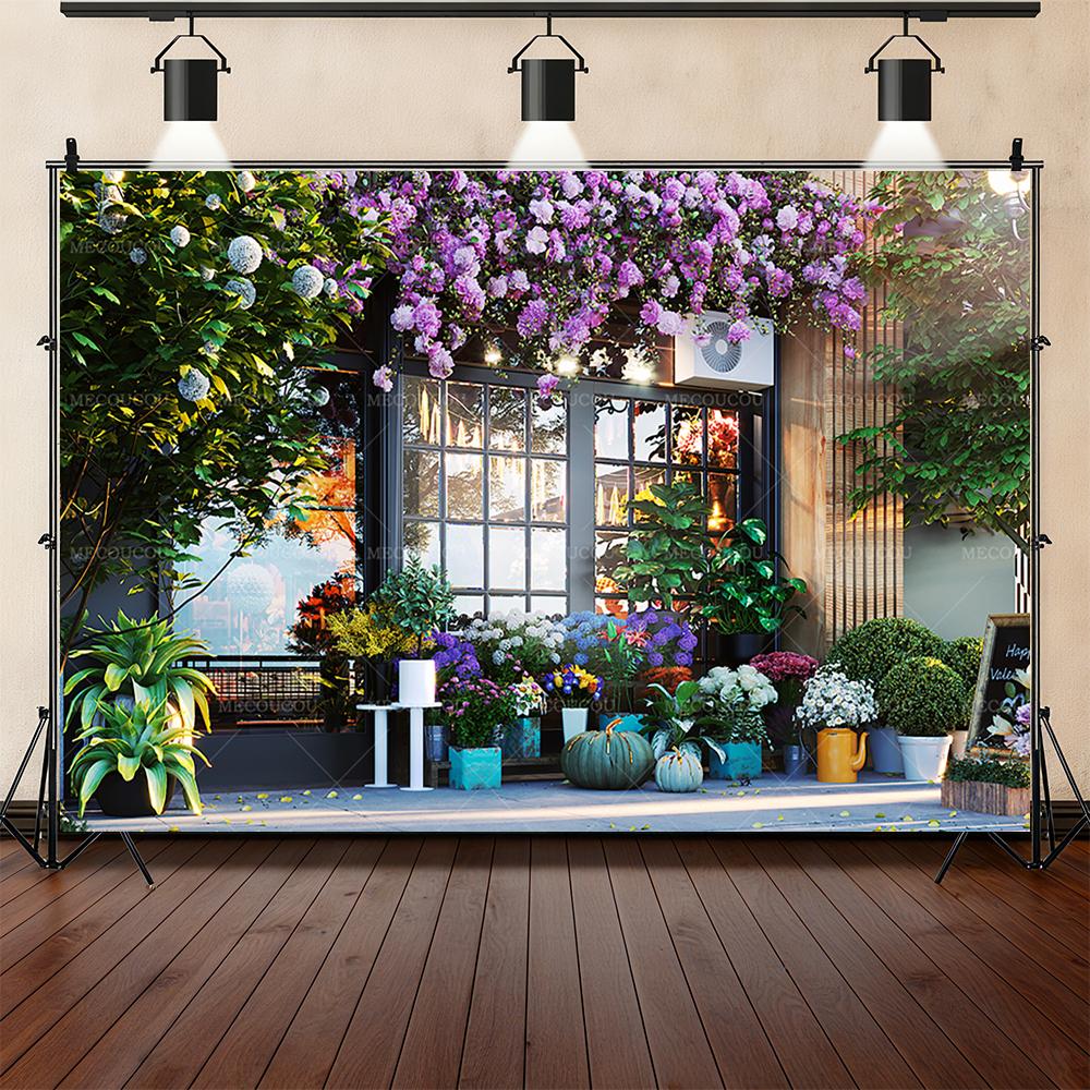 Romantische Blumenladen-Straßenecke-Thema Hintergrund Geburtstagsfeier Dekoration Fotostudio Aufnahme Requisiten Sofa Nachttisch Hintergrund