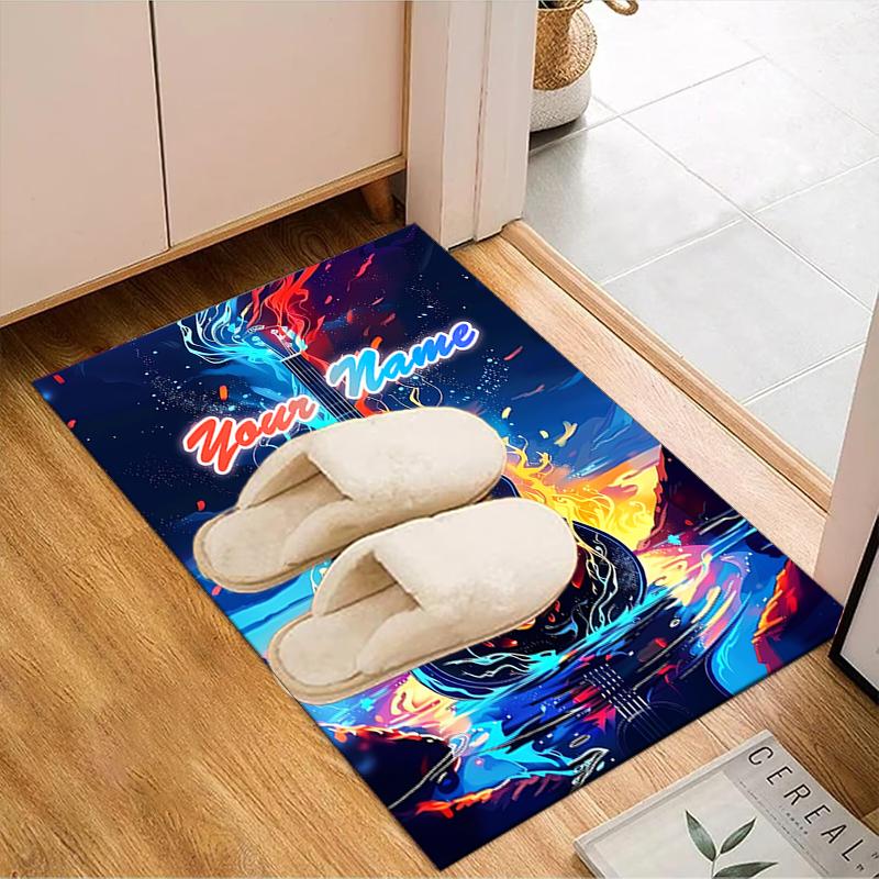 1PC Custom Name Guitar Flames Artwork Theme Floor Mat Ideal for Living Room, Game Rooms, Office, Bedroom Floor Mat Playful Design