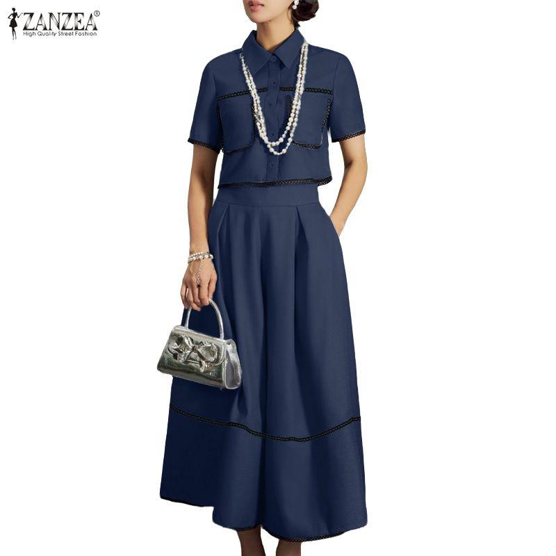 ZANZEA Women Short Sleeve Blouse and Long Skirts Summer Two Piece Suit Sets