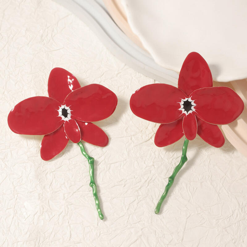 Exaggerated Red Metal Large Flower Drop Earrings for Women Ladies Europe and America Oil-Drop Enamel Petal Earrings Jewelry Gift