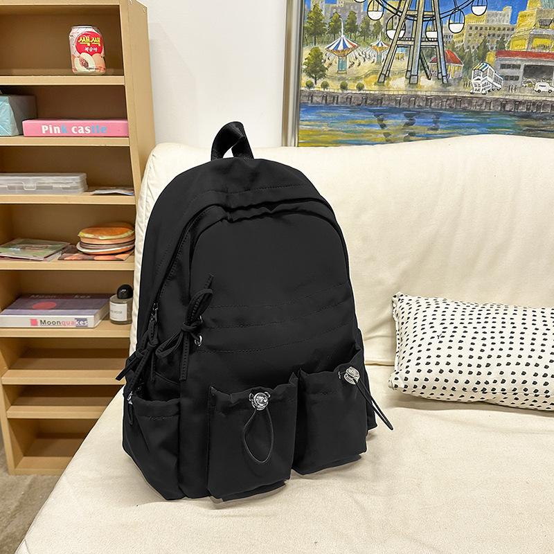 Simple Solid Color Female Backpack Double Pocket Drawstring Light Student Cute Travel Bow Joker College Student Bag