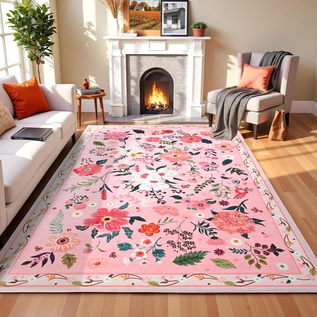 Floral Pattern Carpet Mat - Living Room and Bedroom Carpet Decoration  Romantic Design with Pink  Red Flowers and Green Leaves