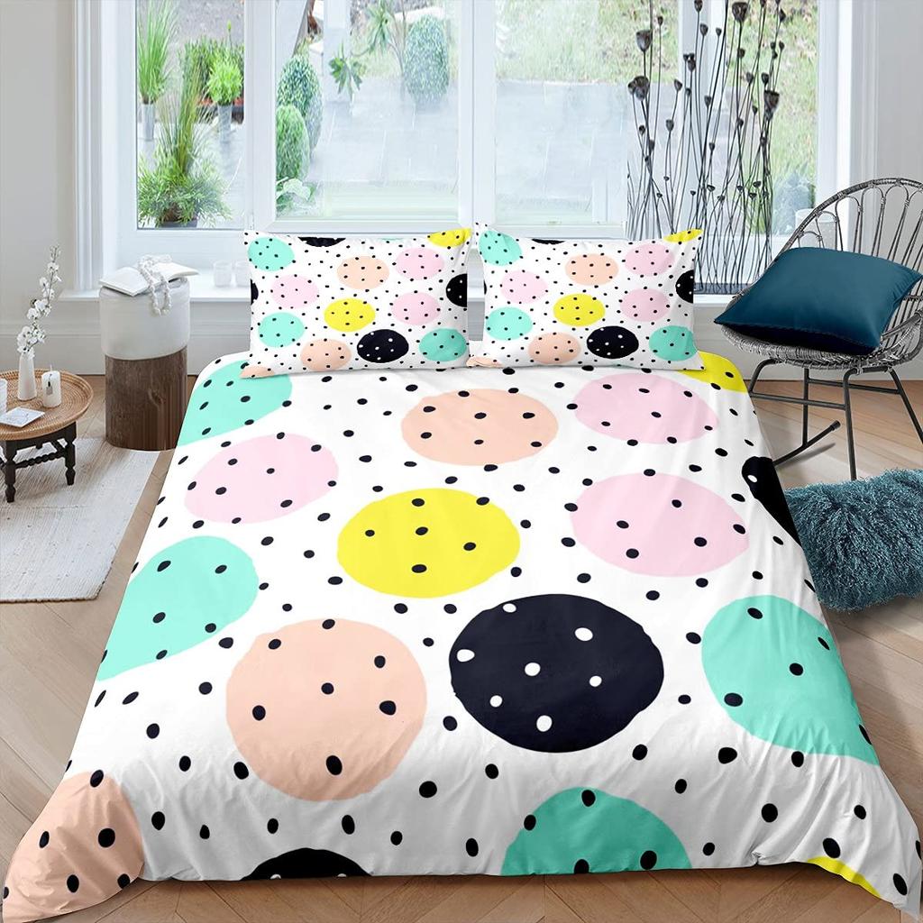 Colorful Dots Bedding Set Geometry Comforter Cover Set for Girls,Pink Yellow Green Red Purple Circle Print Duvet Cover Polyester