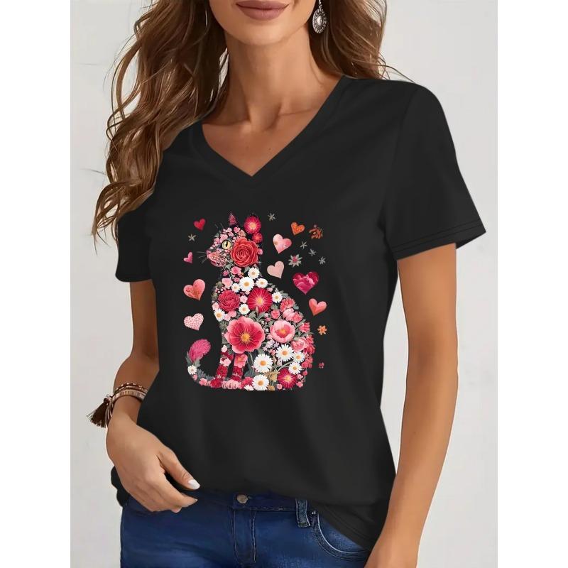 2026 New Summer Women's Fashion T-Shirt Short Sleeve 3D Cat Print Top Tees V-Neck Casual