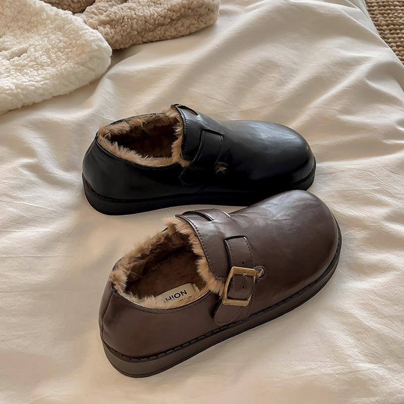 Thick-soled Leather Women, Autumn and Winter Velvet Snow Boots, Boken Small Leather Shoes, Loafers, Fluffy Cotton Shoes.